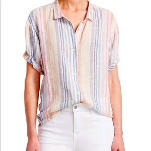 Splendid Linen Blend Short Sleeve Button Down Shirt Pin Stripe White Multi Color